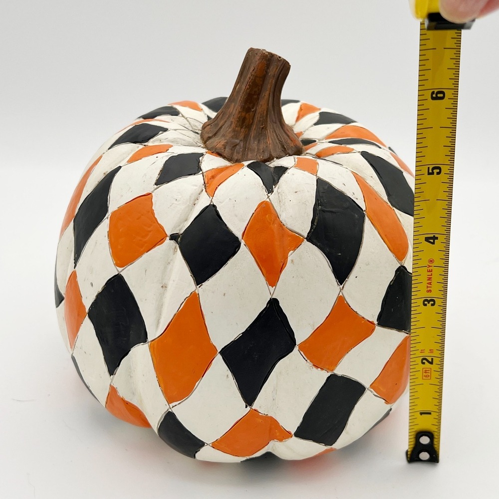 Vintage Black Orange White Hand Painted Harlequin Halloween Pumpkin Decor Fall - Picture 10 of 11